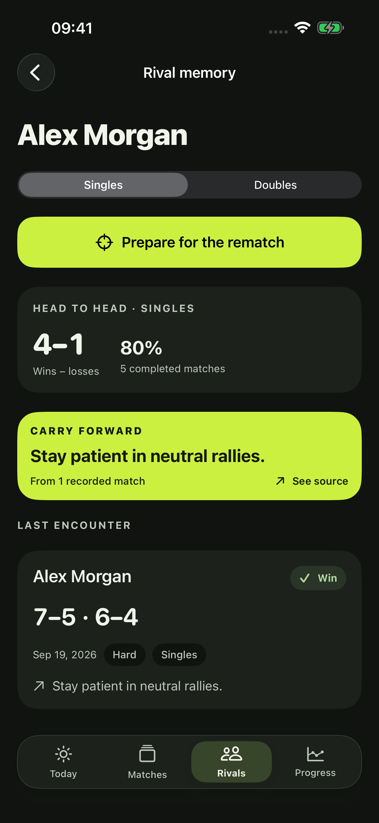 RallyCue Rival Memory screen in dark mode